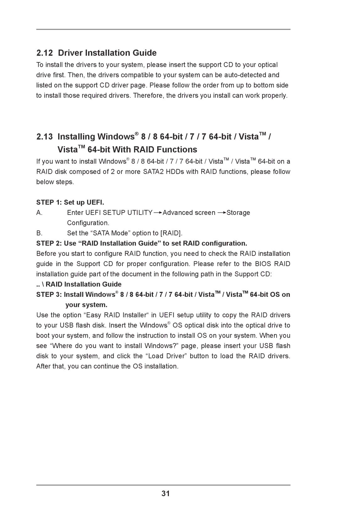 ASRock FM2A55M-VG3 manual Driver Installation Guide, Set up Uefi, Use RAID Installation Guide to set RAID configuration 