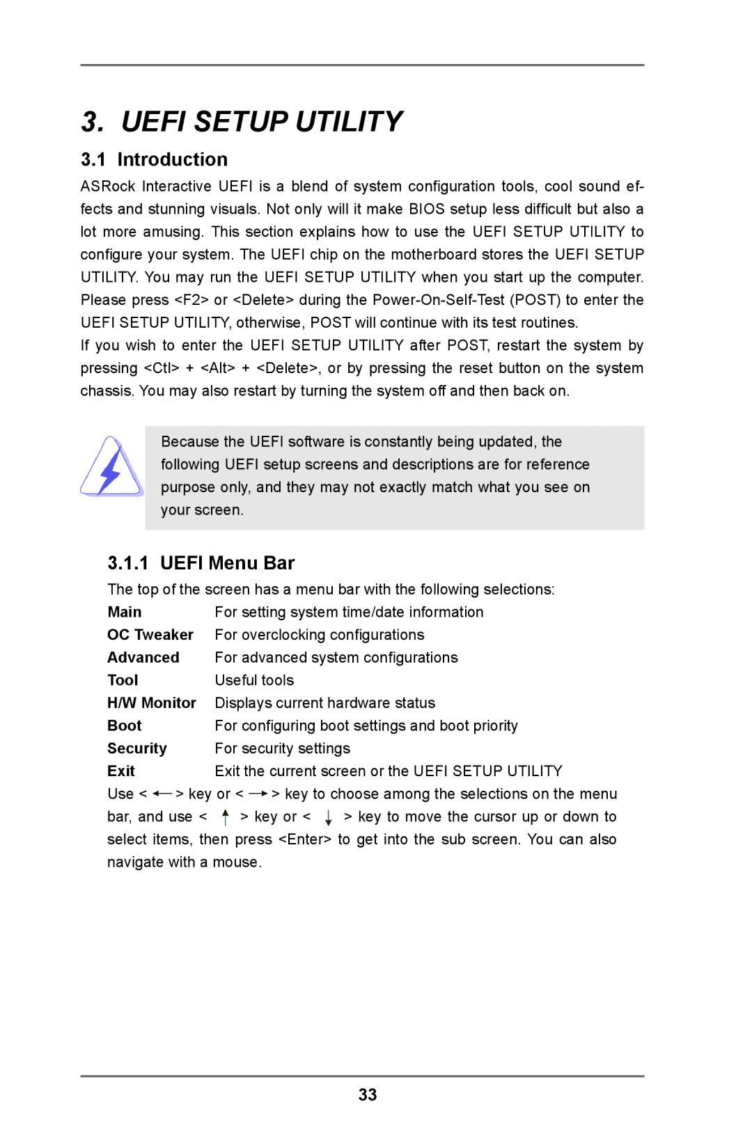 ASRock FM2A55M-VG3 manual Introduction, Uefi Menu Bar 