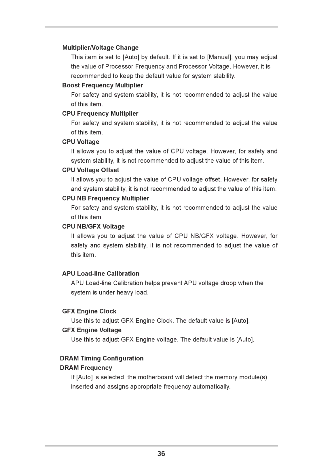 ASRock FM2A55M-VG3 manual Multiplier/Voltage Change, Boost Frequency Multiplier, CPU Frequency Multiplier, CPU Voltage 