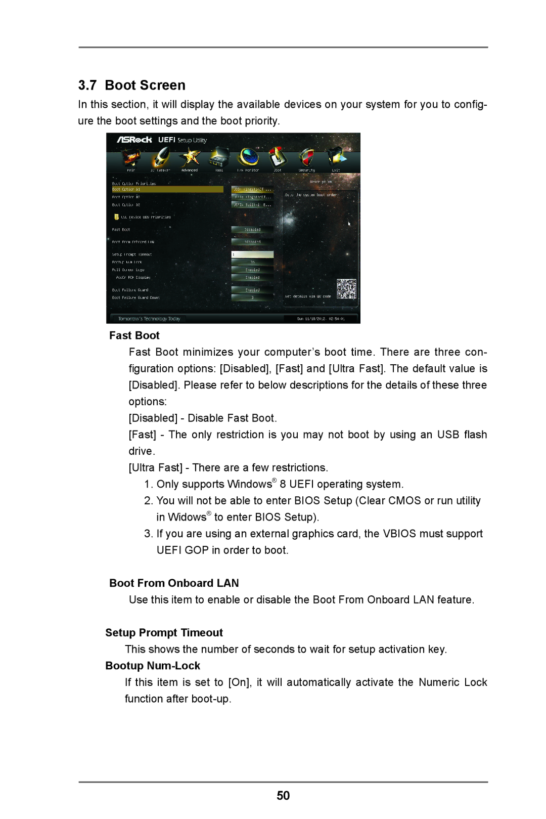 ASRock FM2A55M-VG3 manual Boot Screen, Fast Boot, Boot From Onboard LAN, Setup Prompt Timeout, Bootup Num-Lock 