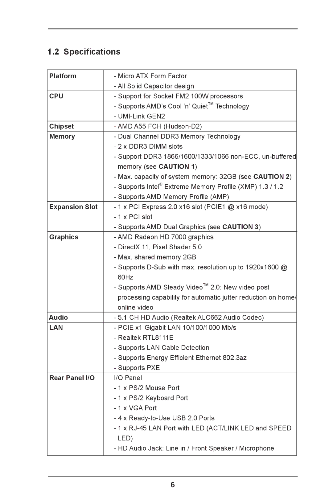 ASRock FM2A55M-VG3 manual Specifications 