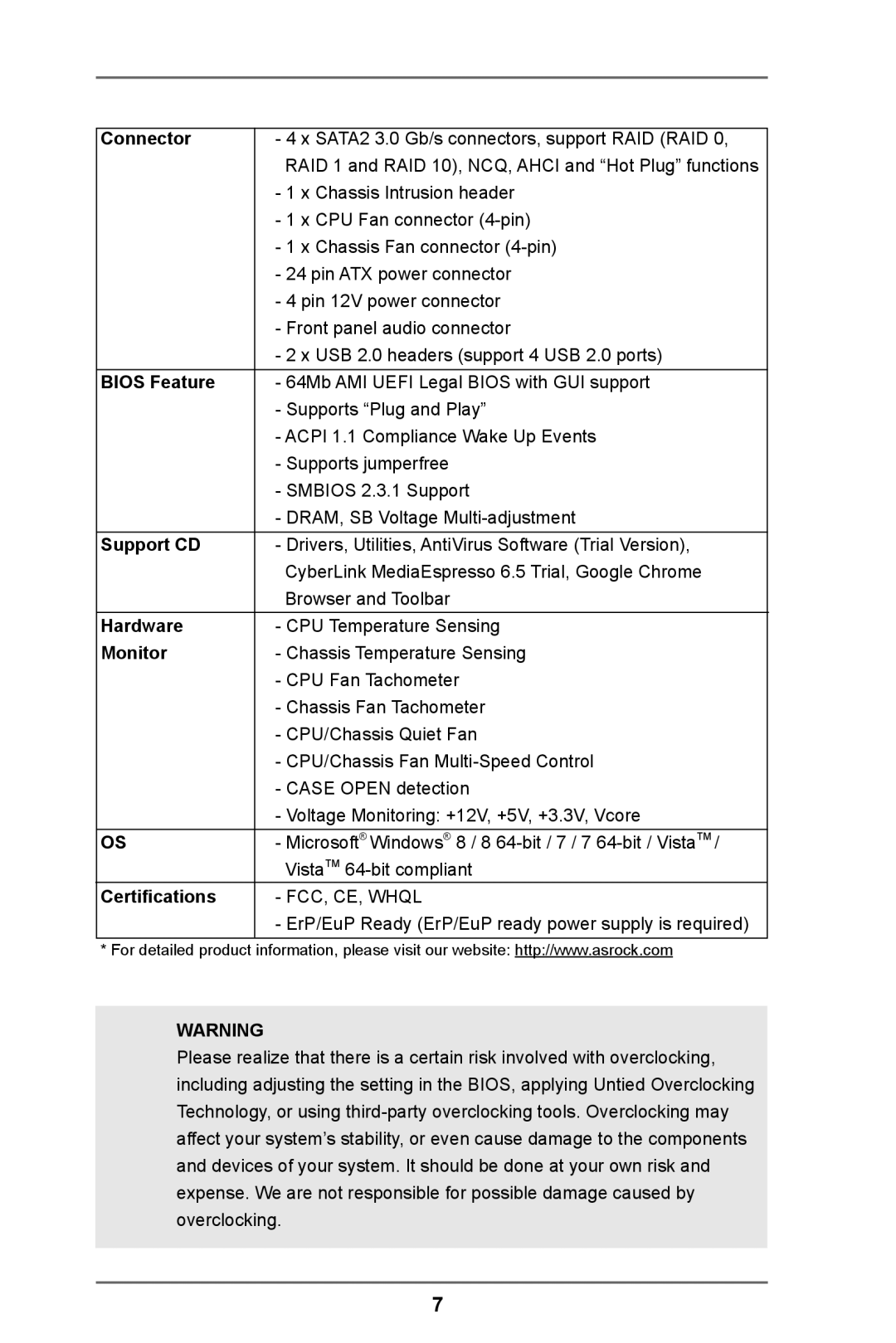 ASRock FM2A55M-VG3 manual Connector, Bios Feature, Support CD, Hardware, Monitor, Certifications 