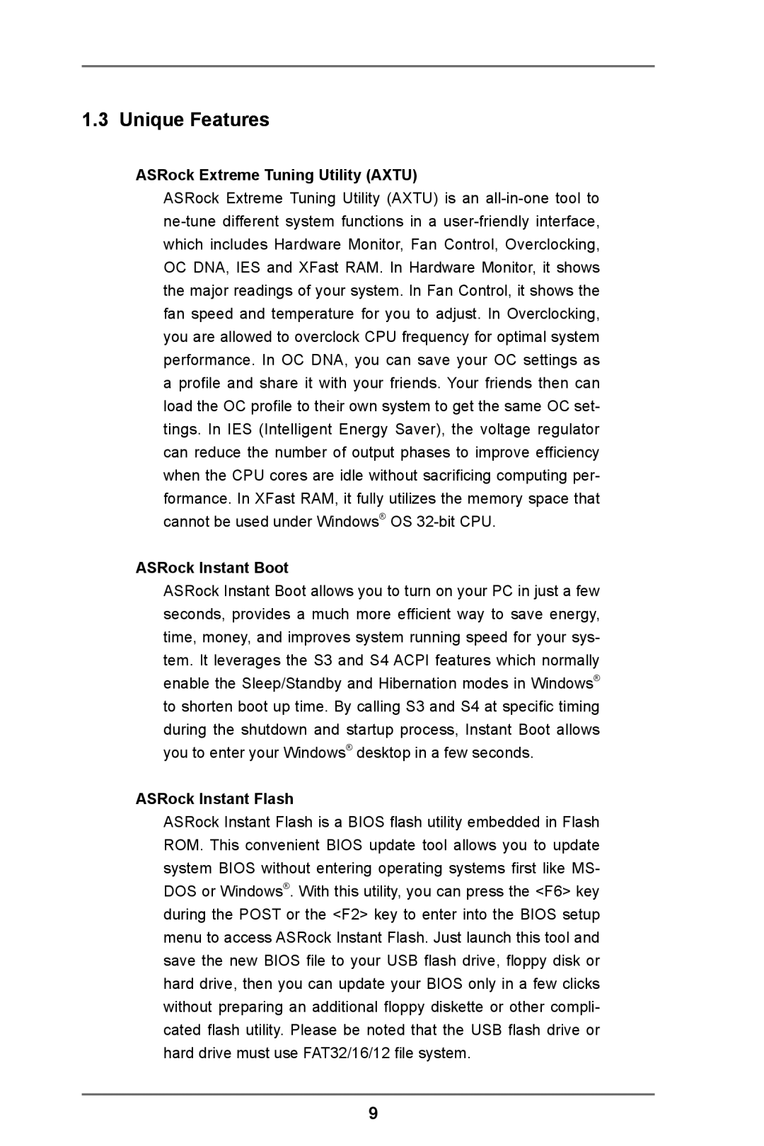 ASRock FM2A55M-VG3 manual Unique Features, ASRock Extreme Tuning Utility Axtu, ASRock Instant Boot, ASRock Instant Flash 