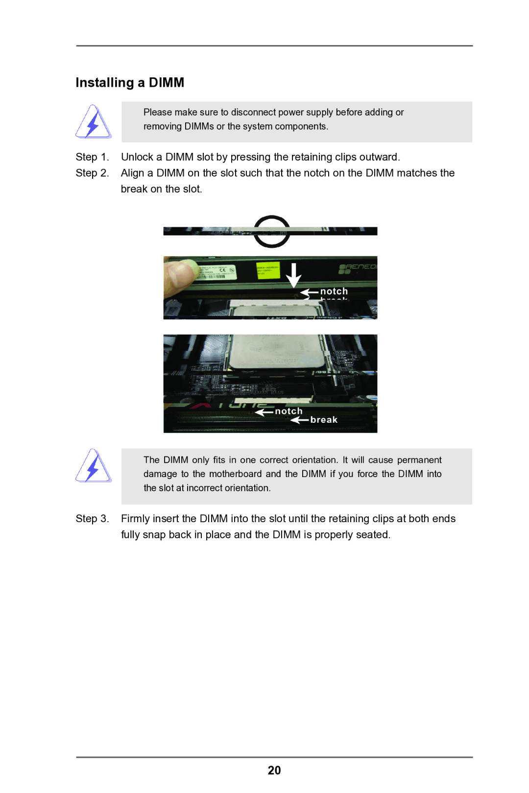 ASRock FM2A75 Pro4 manual Installing a Dimm 