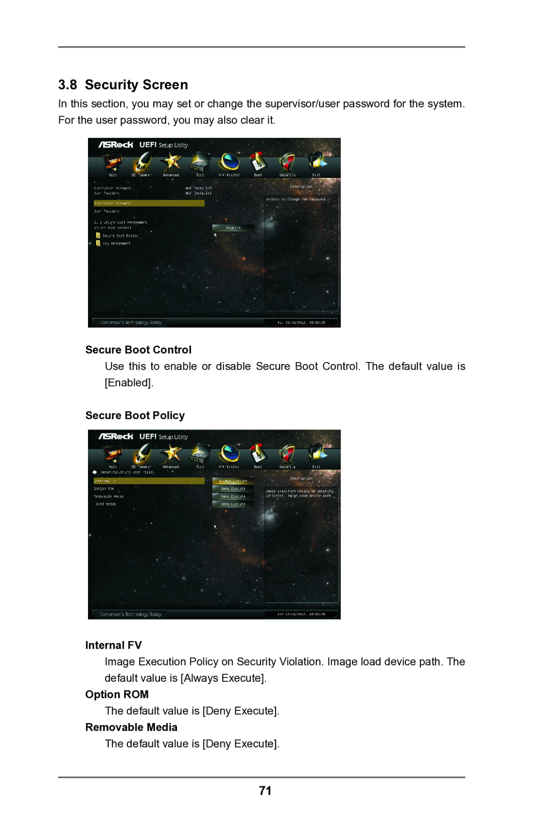 ASRock FM2A75 Pro4 manual Security Screen, Secure Boot Control, Secure Boot Policy Internal FV, Option ROM, Removable Media 