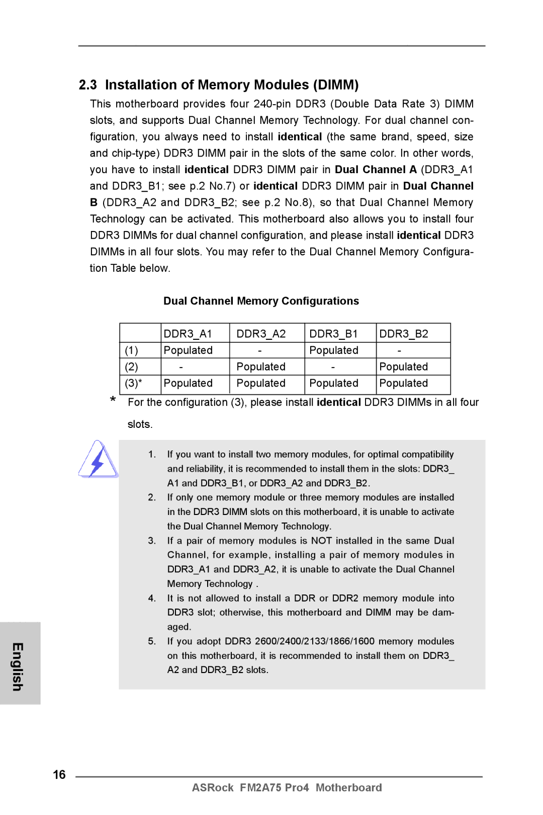 ASRock FM2A75 Pro4 manual English Installation of Memory Modules Dimm, Dual Channel Memory Configurations 