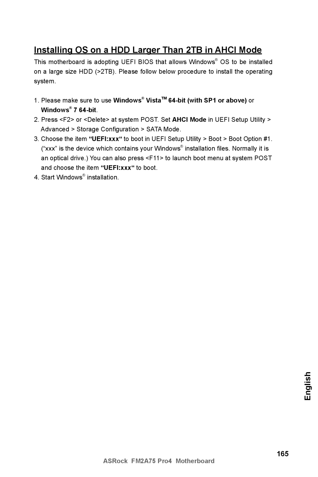 ASRock FM2A75 Pro4 manual Installing OS on a HDD Larger Than 2TB in Ahci Mode, 165 