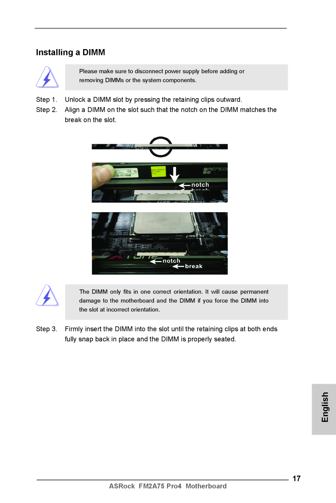 ASRock FM2A75 Pro4 manual Installing a Dimm 