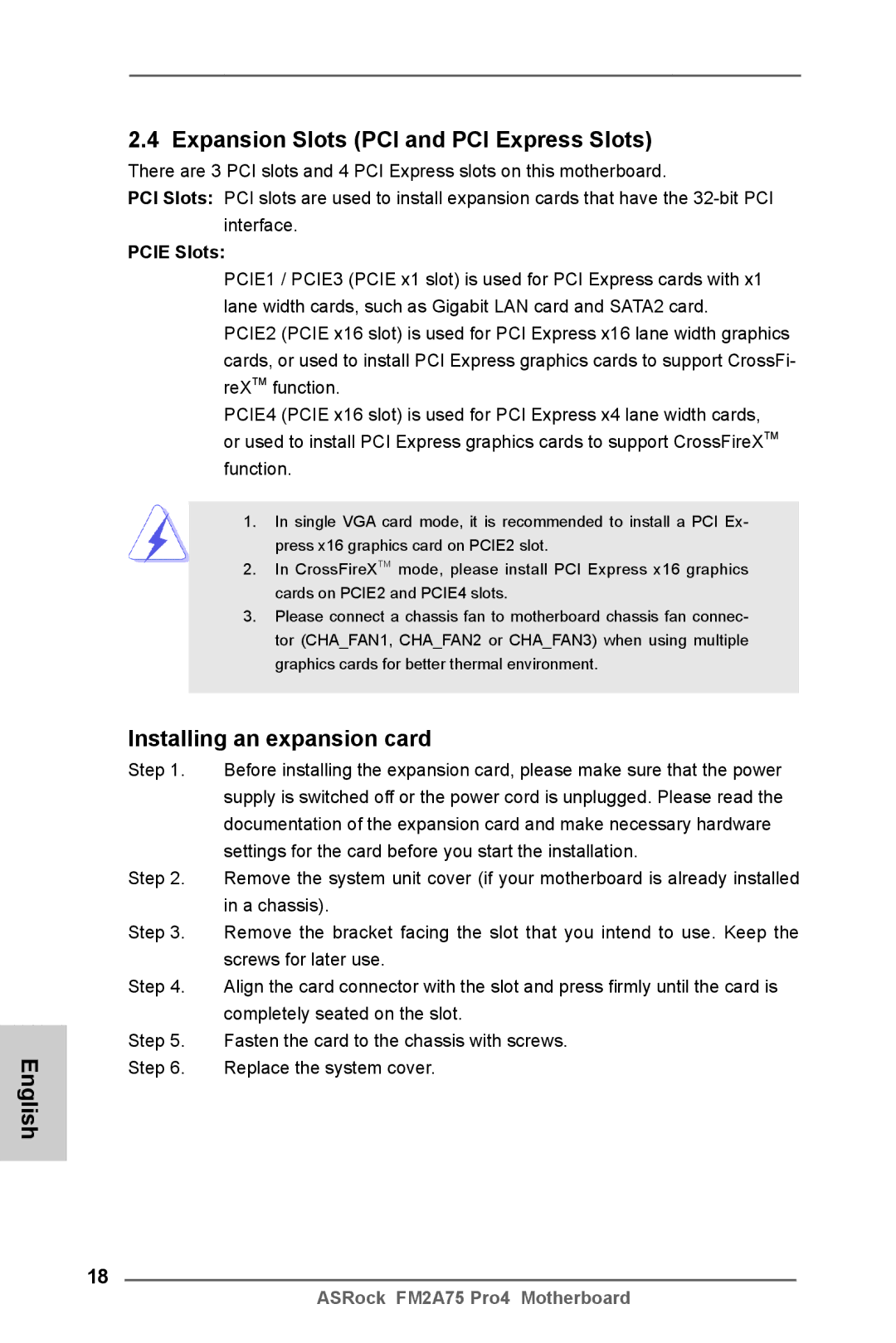 ASRock FM2A75 Pro4 manual English Expansion Slots PCI and PCI Express Slots, Installing an expansion card, Pcie Slots 