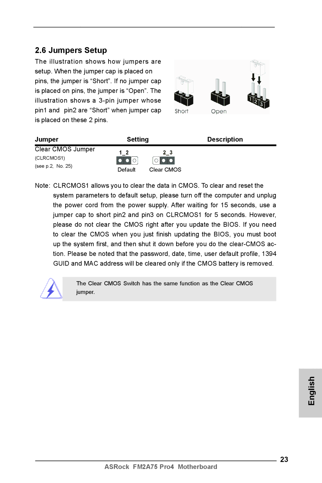 ASRock FM2A75 Pro4 manual Jumpers Setup, Description, Clear Cmos Jumper 