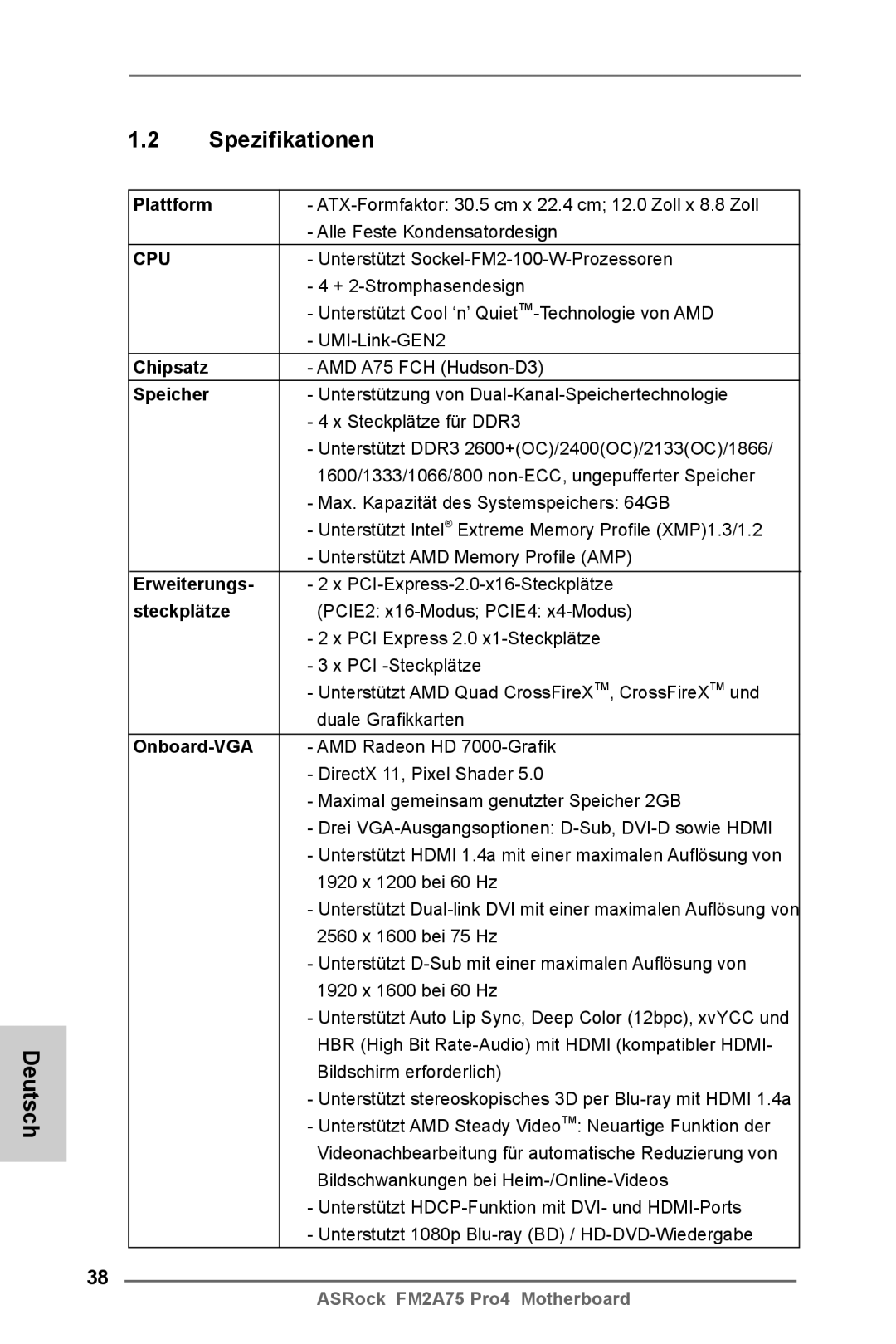 ASRock FM2A75 Pro4 manual Spezifikationen Deutsch 