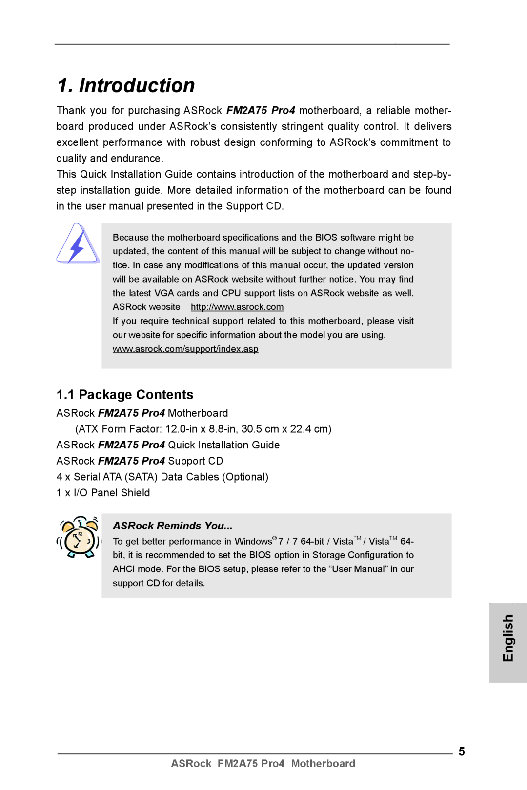 ASRock FM2A75 Pro4 manual Introduction, Package Contents 