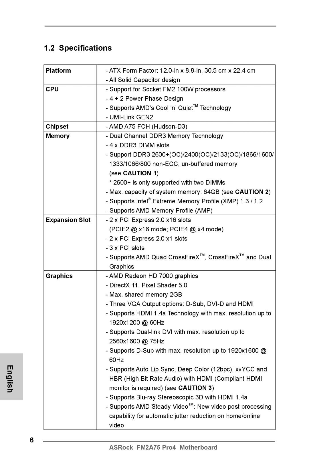 ASRock FM2A75 Pro4 manual English Specifications 