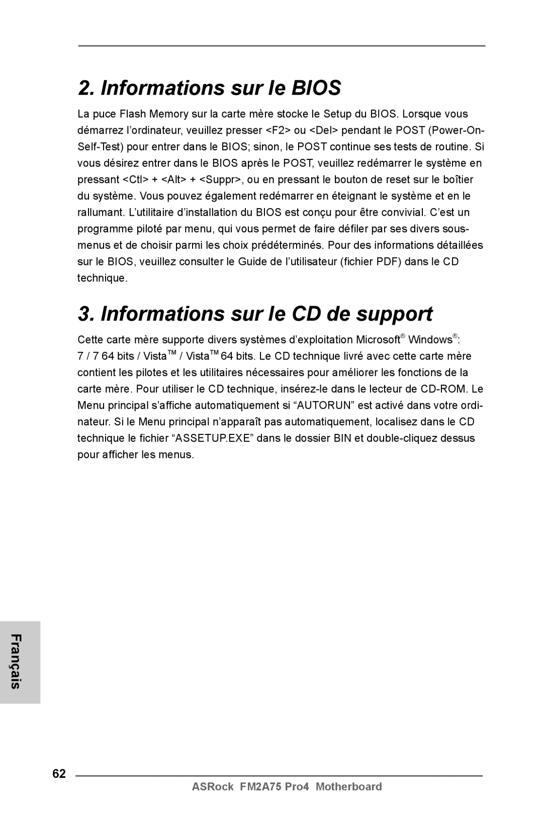 ASRock FM2A75 Pro4 manual Informations sur le Bios Informations sur le CD de support 