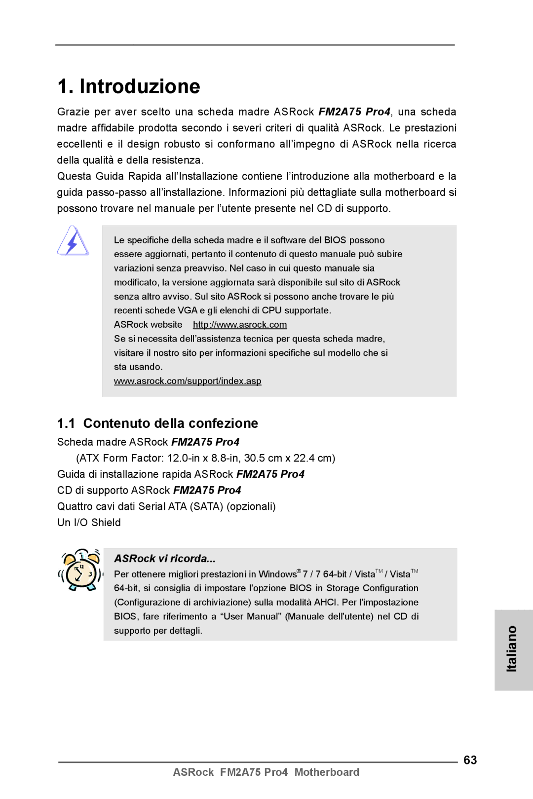 ASRock FM2A75 Pro4 manual Contenuto della confezione, Italiano 