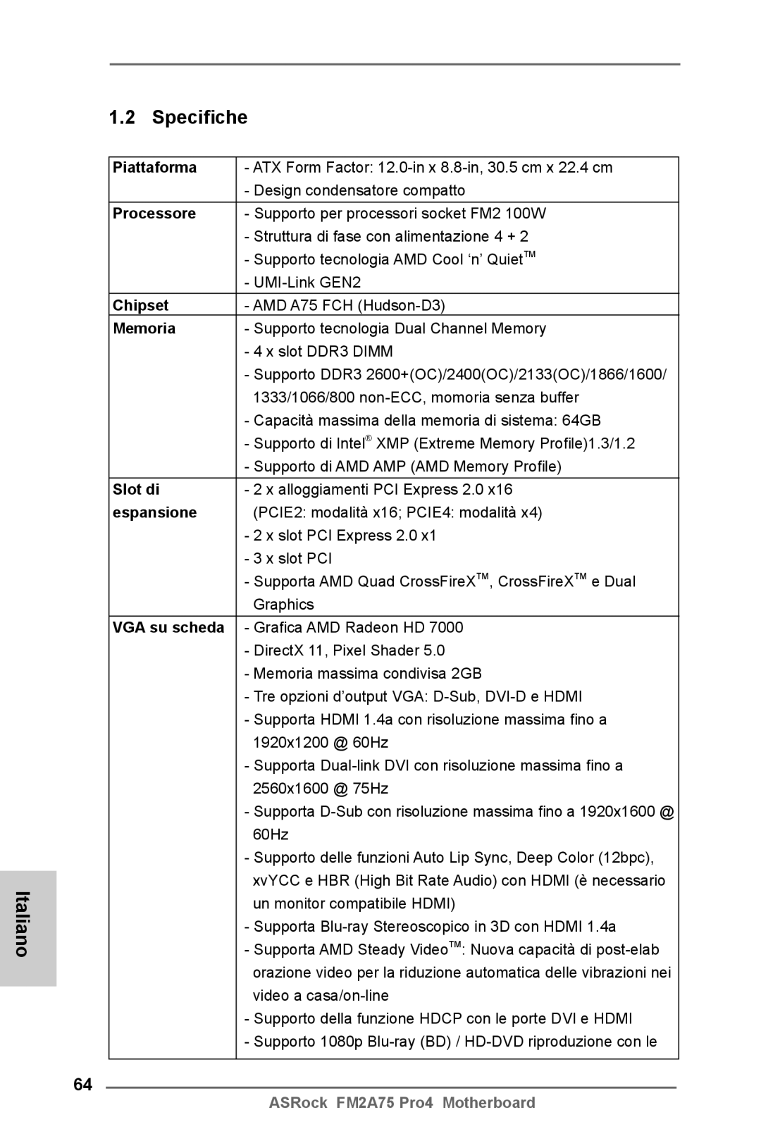 ASRock FM2A75 Pro4 manual Italiano Specifiche 