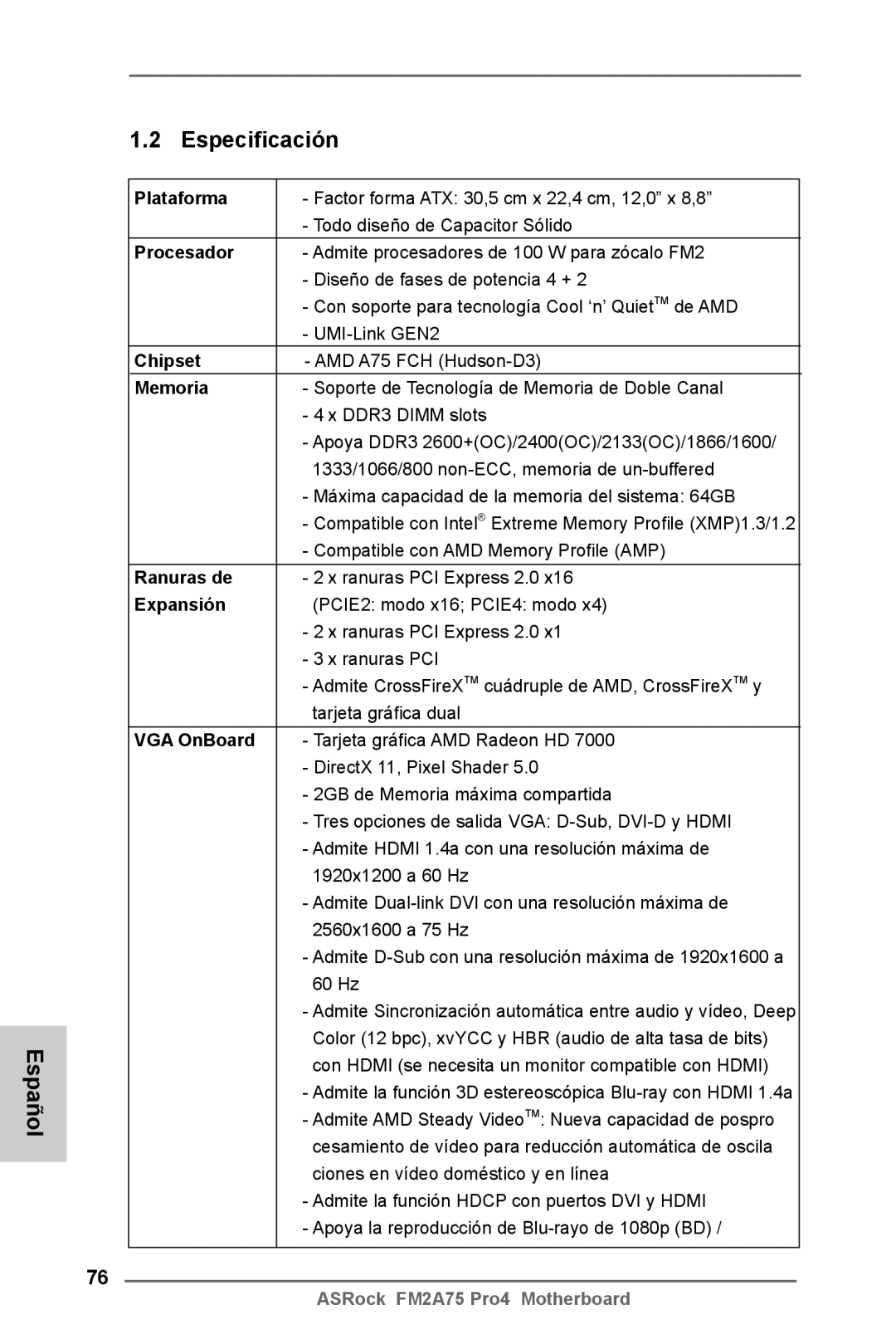 ASRock FM2A75 Pro4 manual Español Especificación 