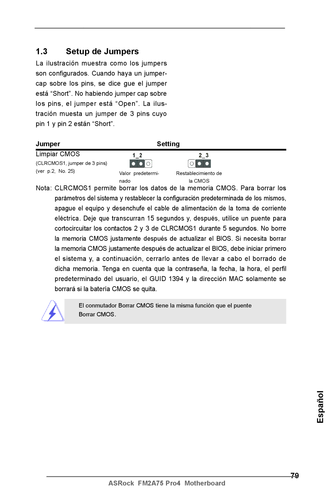 ASRock FM2A75 Pro4 manual Setup de Jumpers, Jumper Setting, Limpiar Cmos 