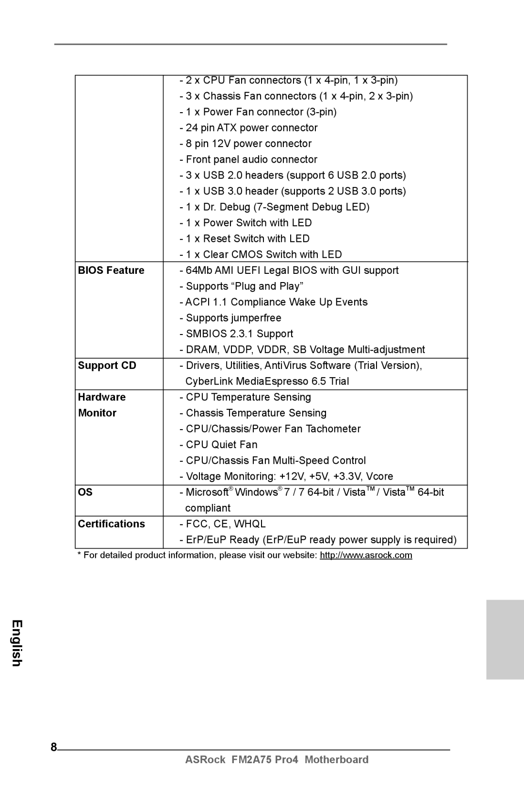 ASRock FM2A75 Pro4 manual Bios Feature, Support CD, Hardware, Monitor, Certifications 