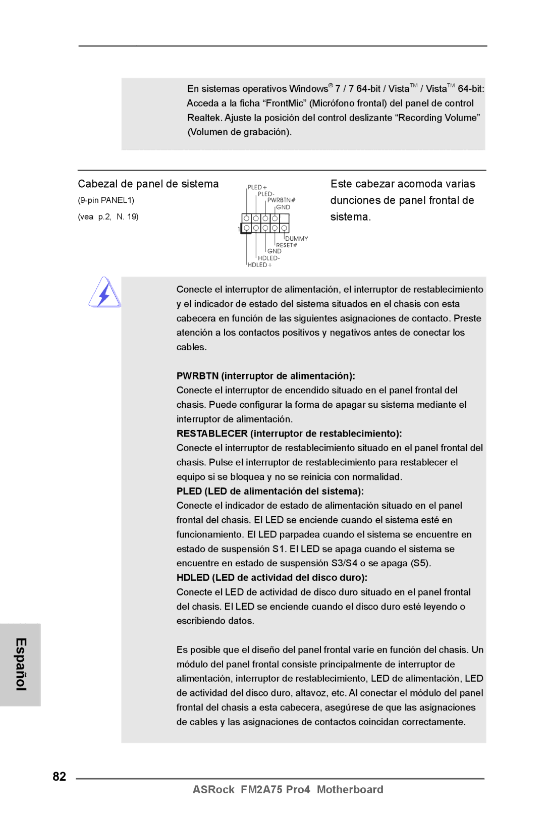 ASRock FM2A75 Pro4 manual Cabezal de panel de sistema, Sistema 