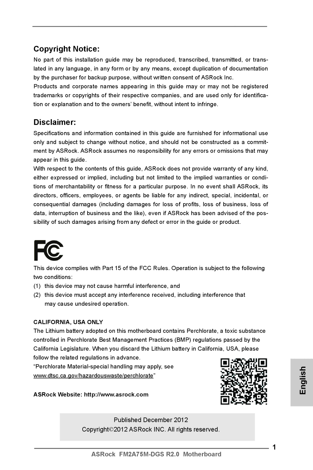 ASRock FM2A75M-DGS R2.0 manual Copyright Notice, Disclaimer, English 