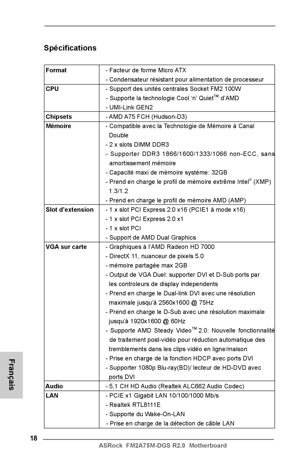 ASRock FM2A75M-DGS R2.0 manual Spécifications Français 