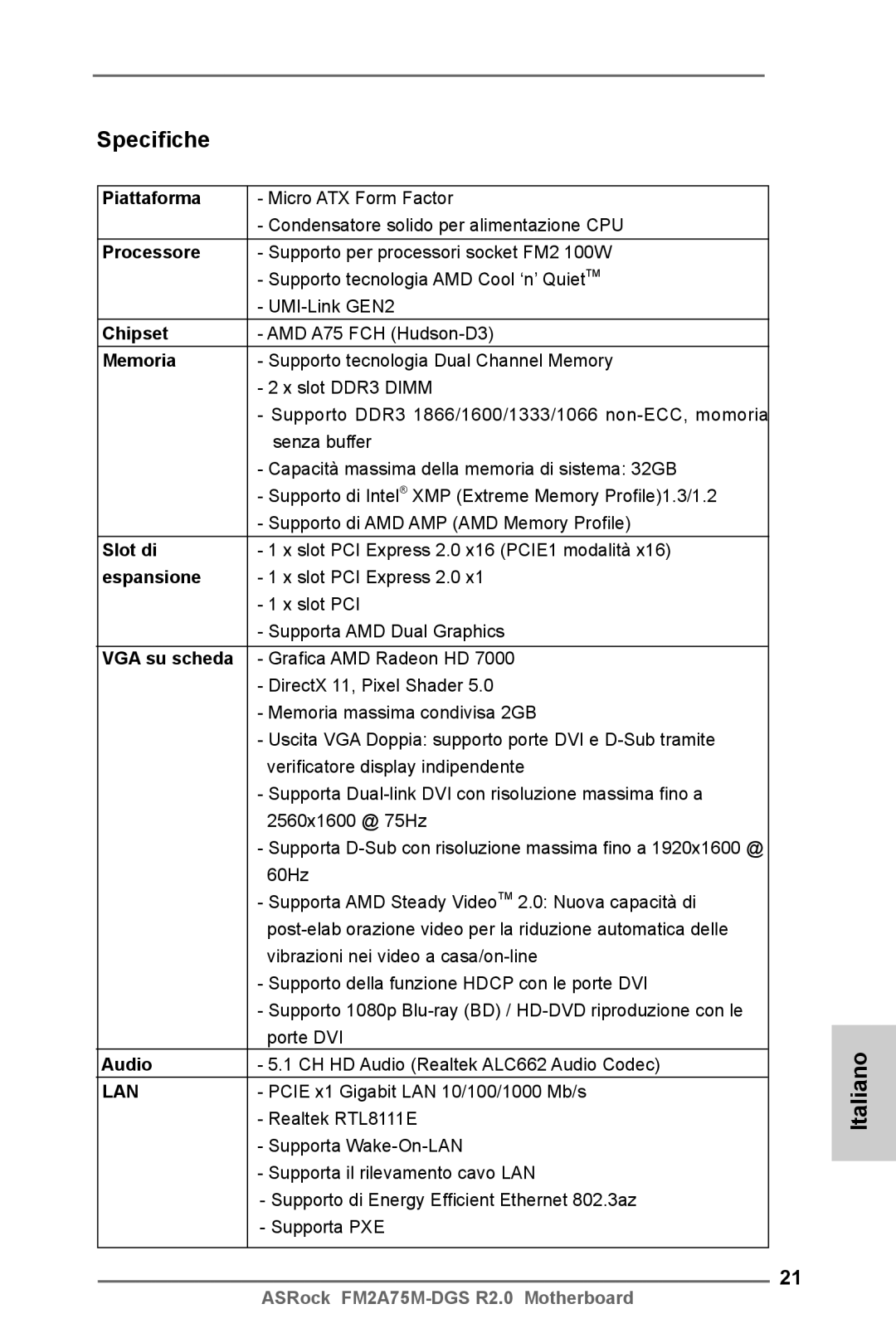 ASRock FM2A75M-DGS R2.0 manual Specifiche, Italiano 