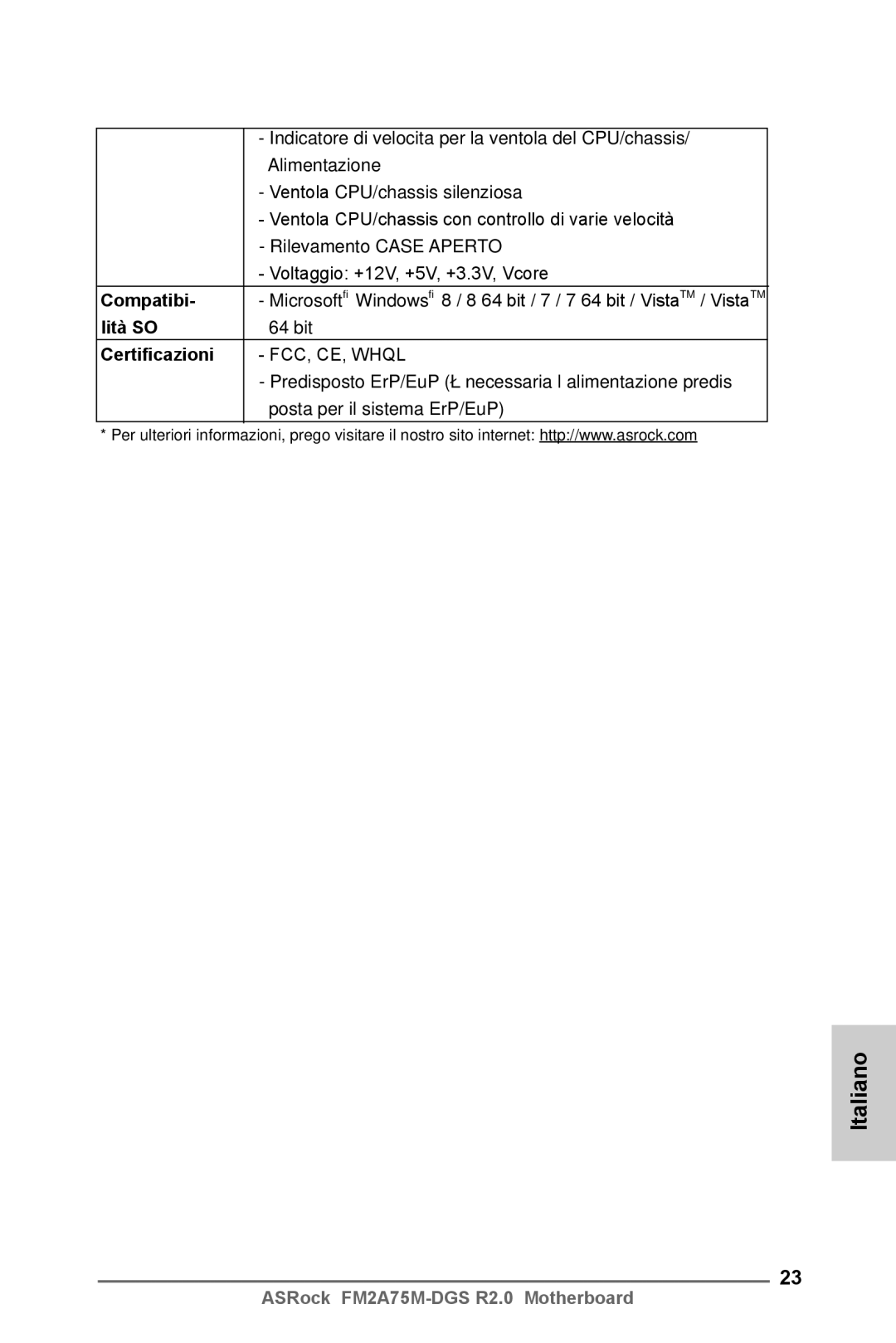 ASRock FM2A75M-DGS R2.0 manual Compatibi, Lità SO, Certificazioni 