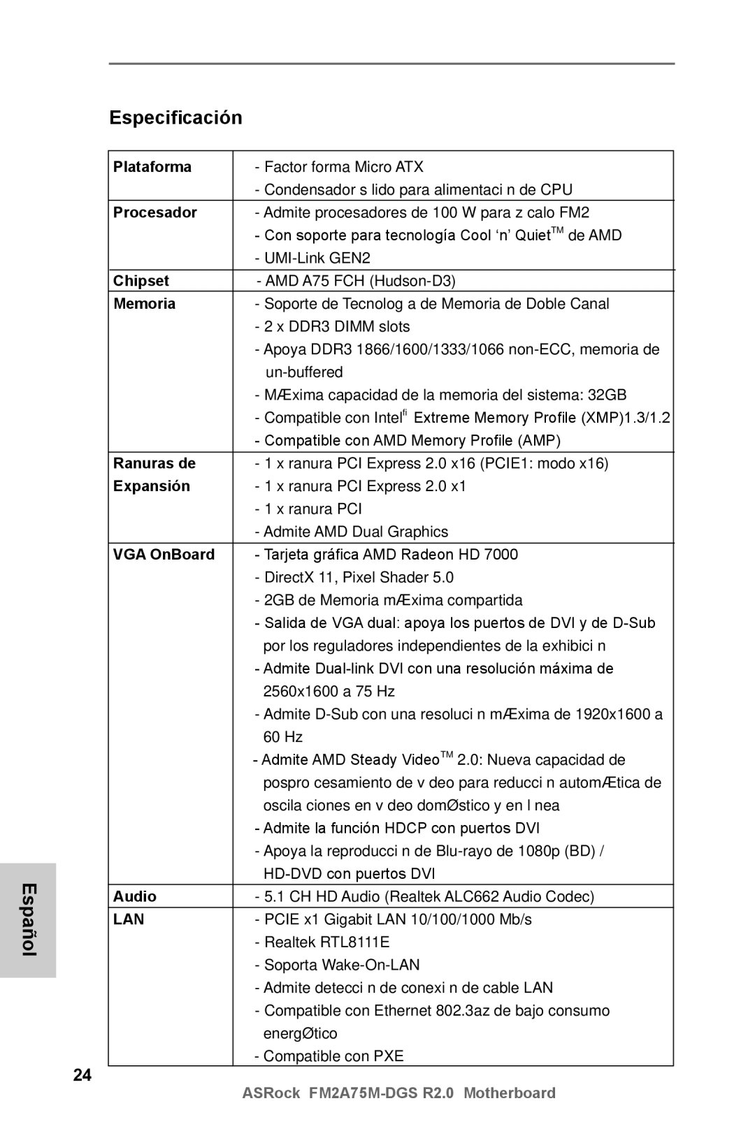 ASRock FM2A75M-DGS R2.0 manual Español Especificación 