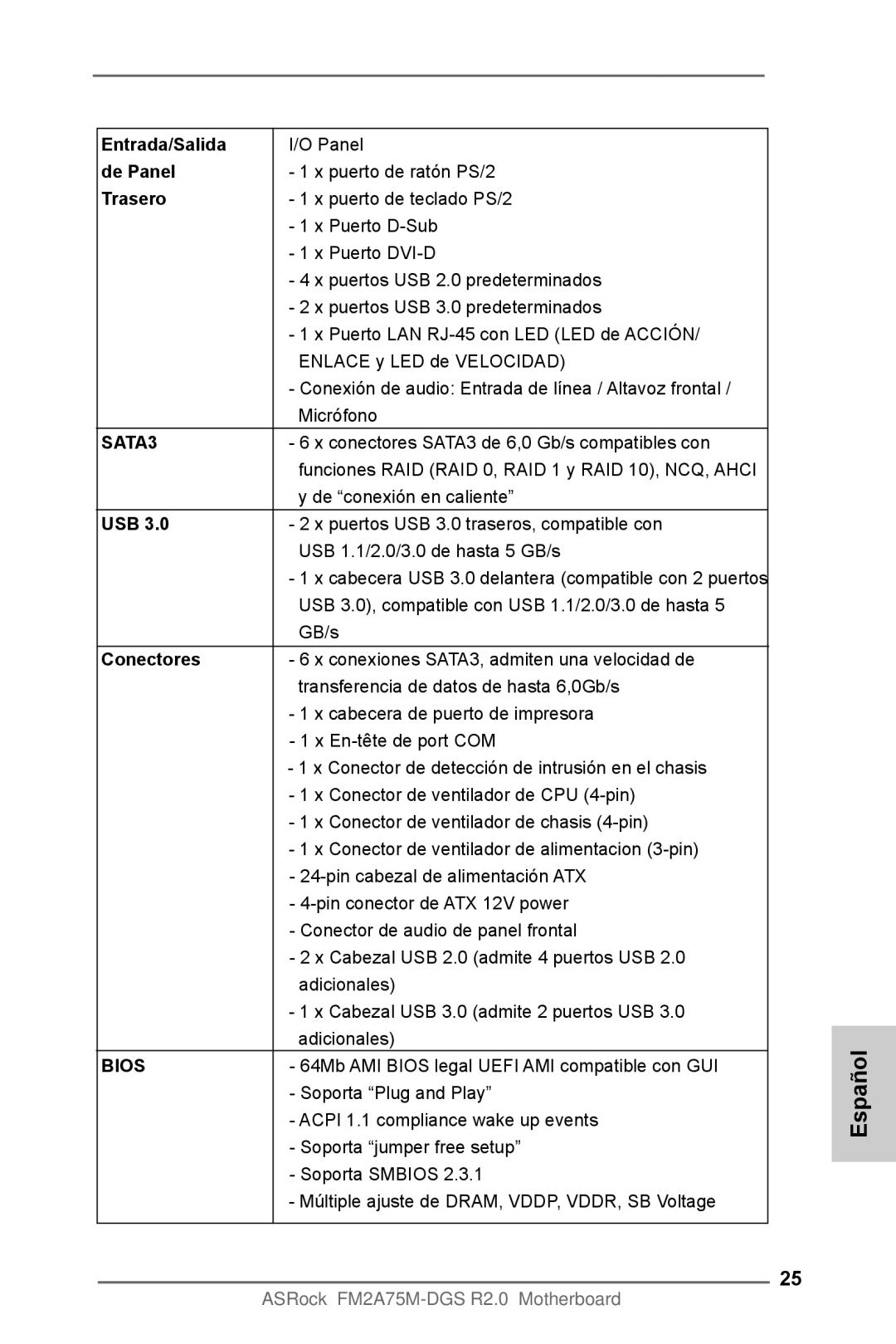 ASRock FM2A75M-DGS R2.0 manual Español, Entrada/Salida, De Panel, Trasero, Conectores 