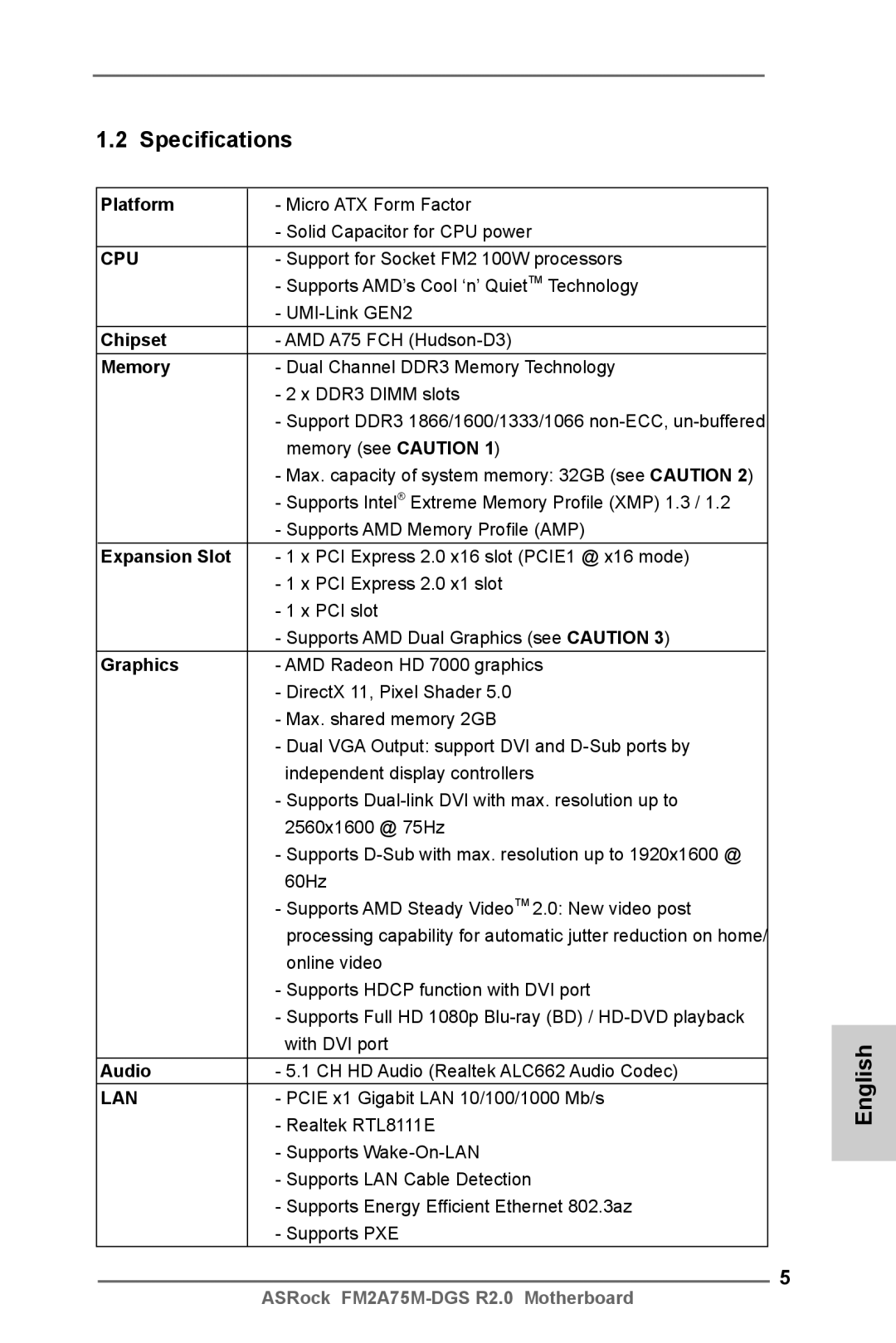 ASRock FM2A75M-DGS R2.0 manual Specifications 