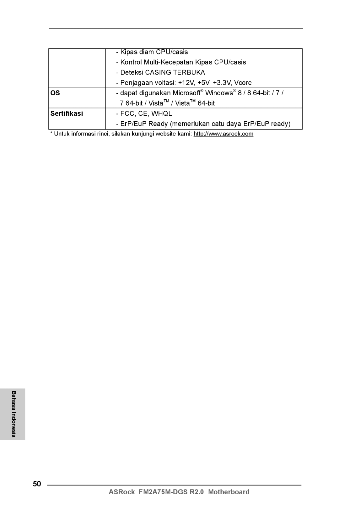 ASRock FM2A75M-DGS R2.0 manual Sertifikasi 