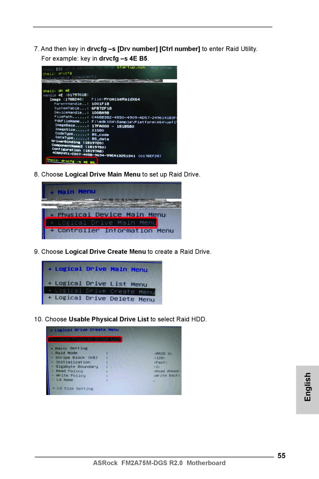 ASRock FM2A75M-DGS R2.0 manual Choose Usable Physical Drive List to select Raid HDD 