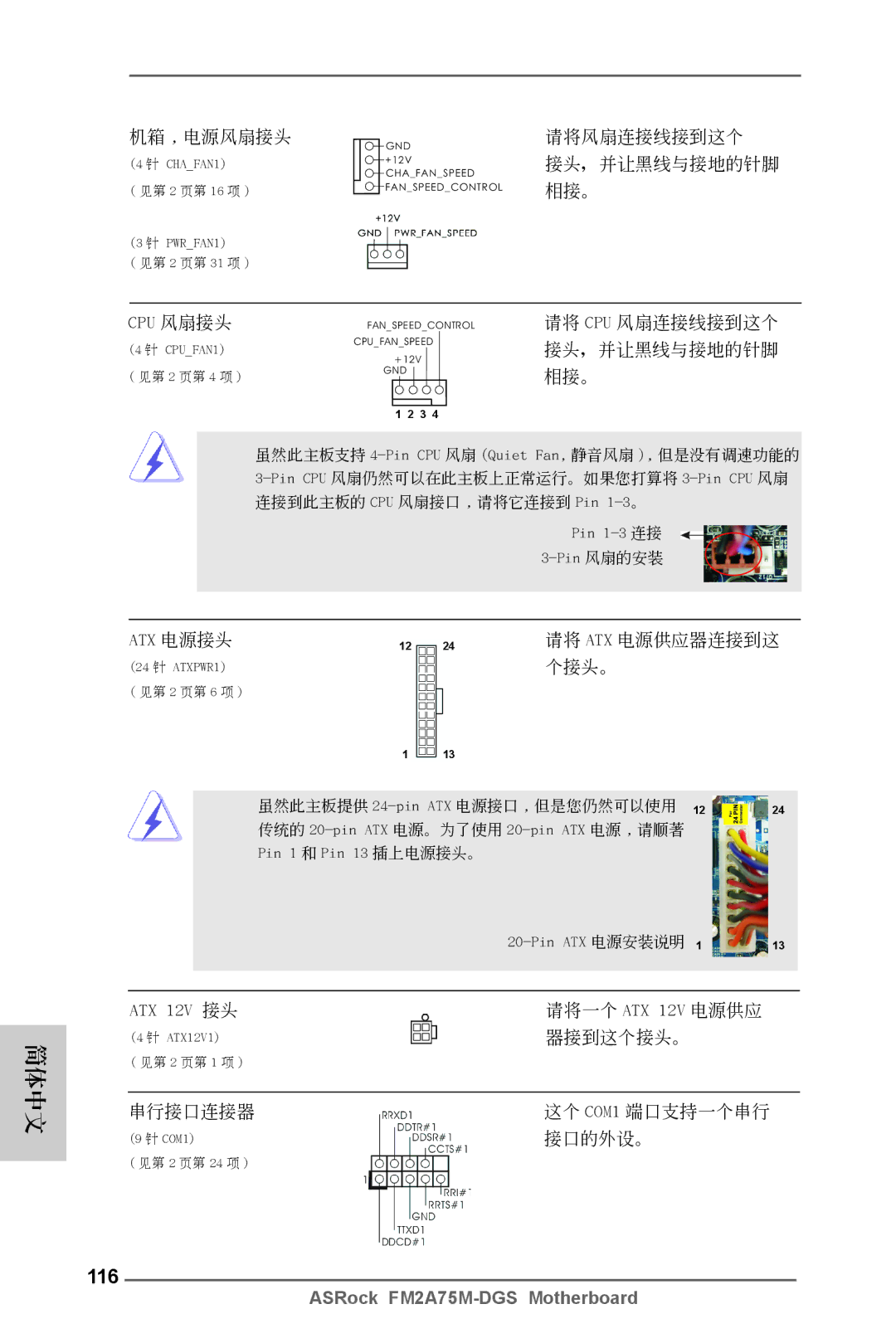 ASRock FM2A75M-DGS manual 116, Cpu 風扇接頭, Atx 電源接頭, ATX 12V 接頭 