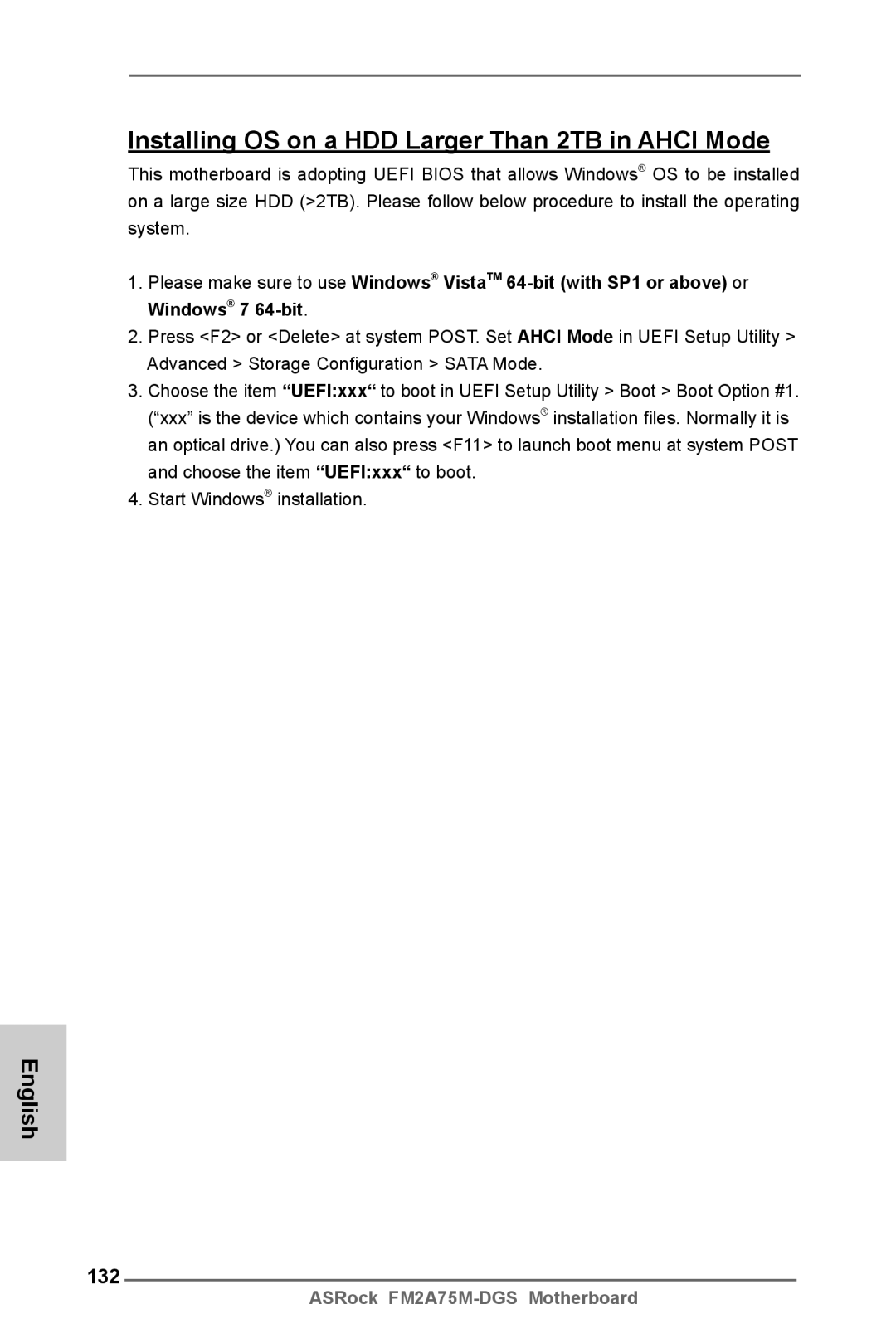 ASRock FM2A75M-DGS manual Installing OS on a HDD Larger Than 2TB in Ahci Mode, 132 