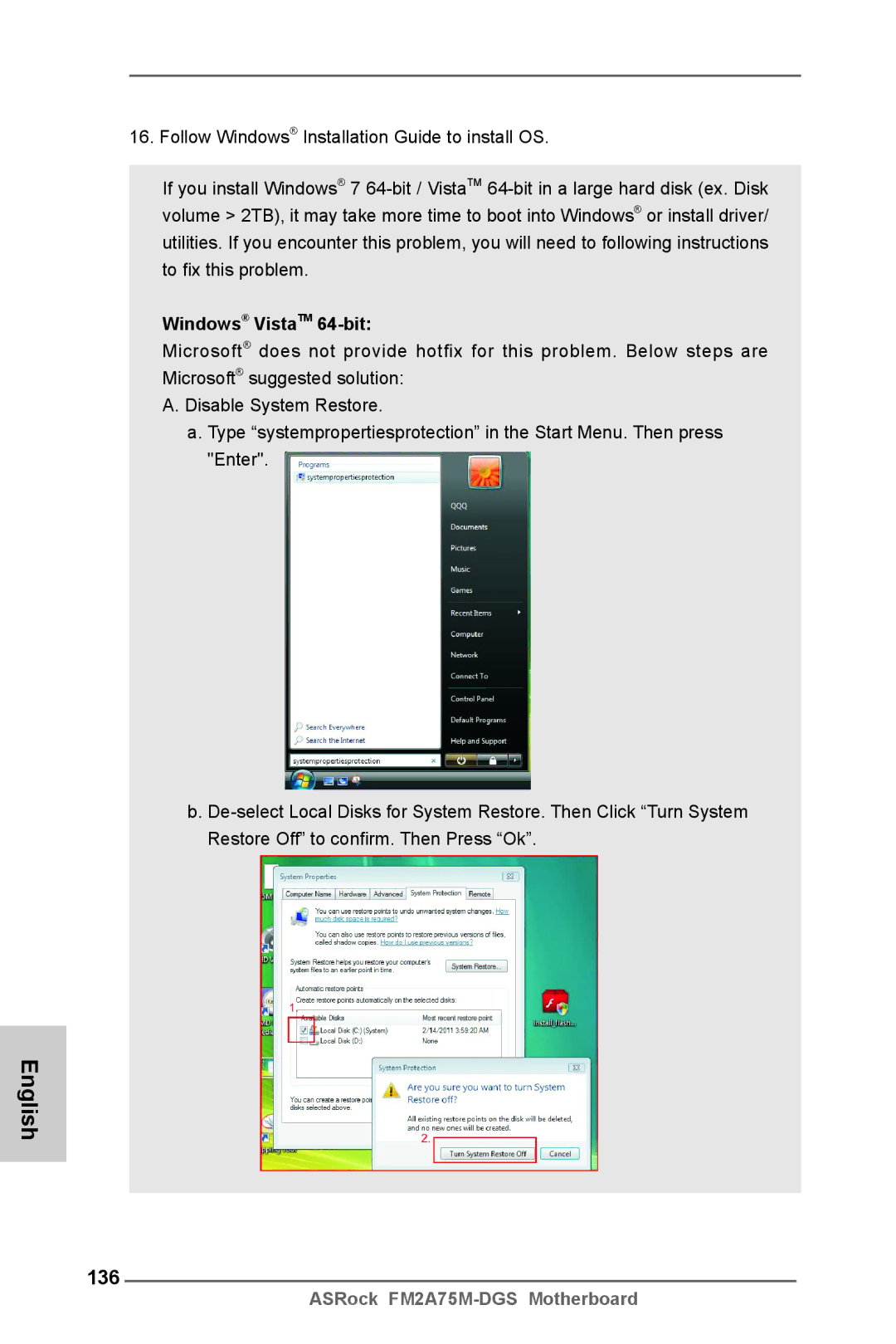 ASRock FM2A75M-DGS manual 136, Windows VistaTM 64-bit 