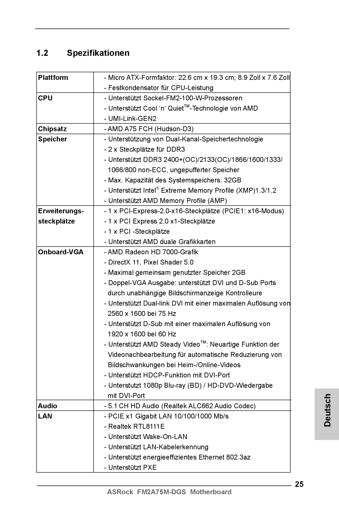 ASRock FM2A75M-DGS manual Spezifikationen 