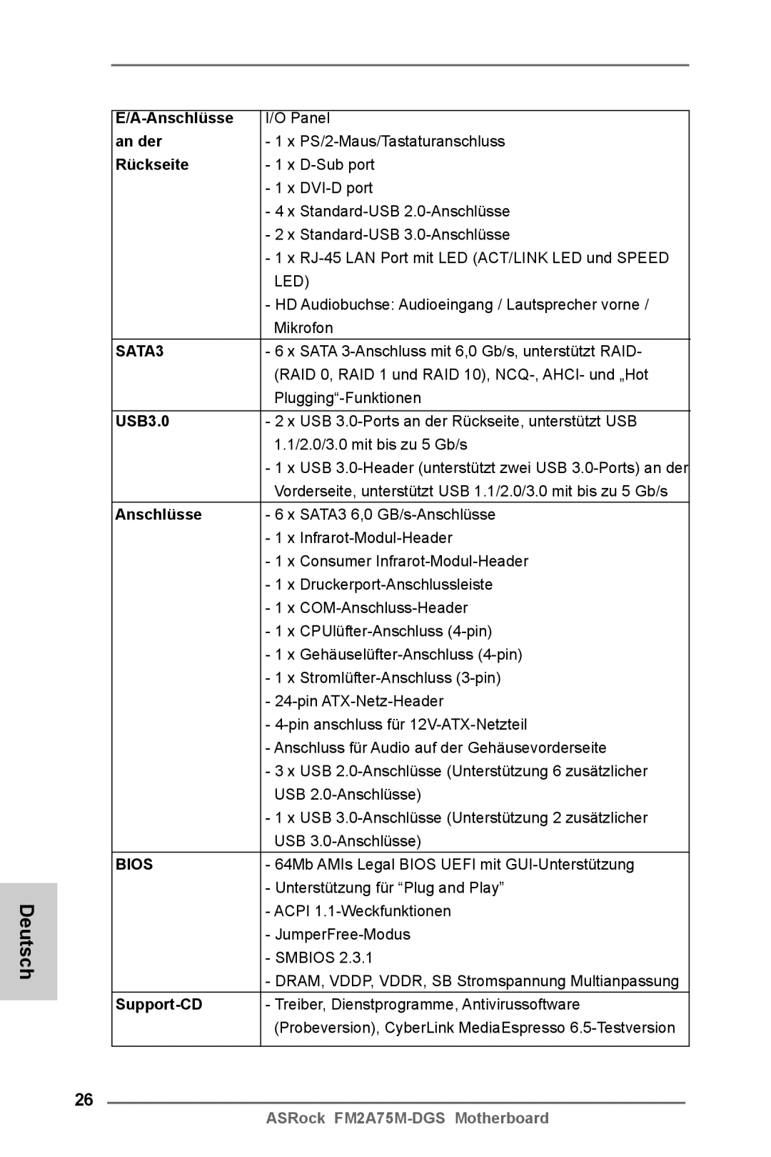 ASRock FM2A75M-DGS manual Anschlüsse, An der, Rückseite, USB3.0, Support-CD 