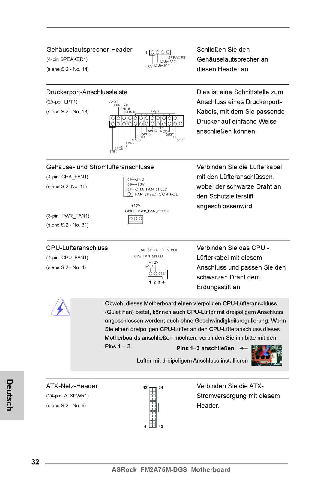 ASRock FM2A75M-DGS manual Gehäuselautsprecher-Header Schließen Sie den, Diesen Header an, ATX-Netz-Header 