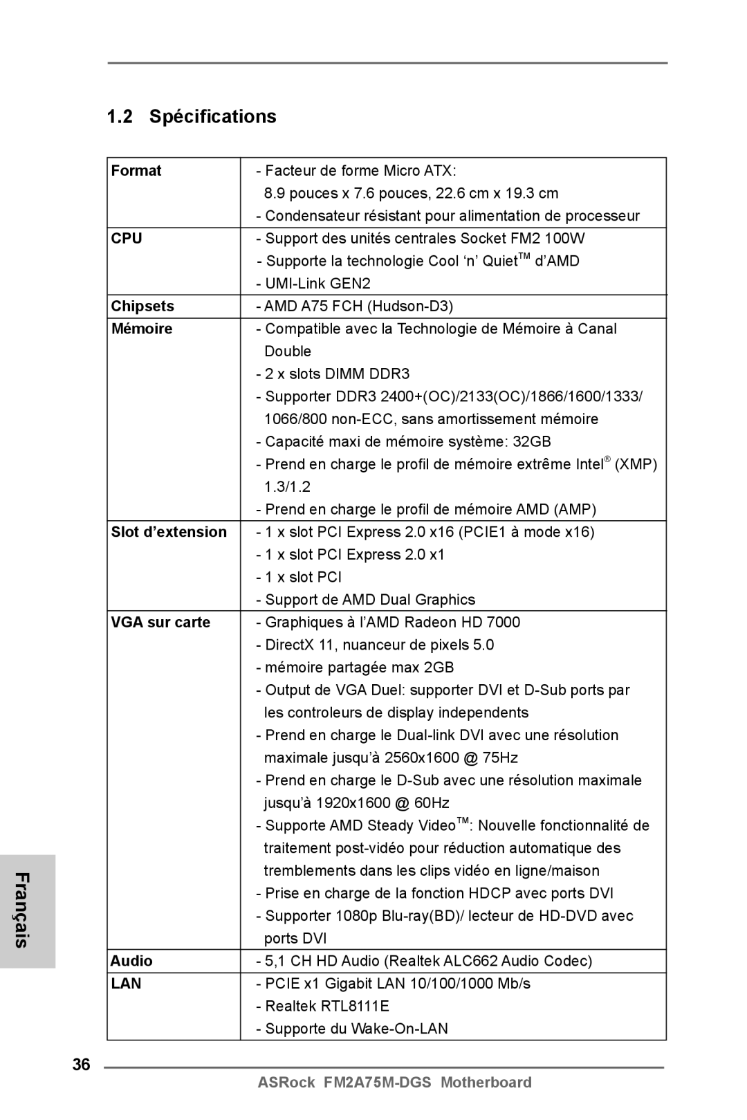 ASRock FM2A75M-DGS manual Spécifications Français 