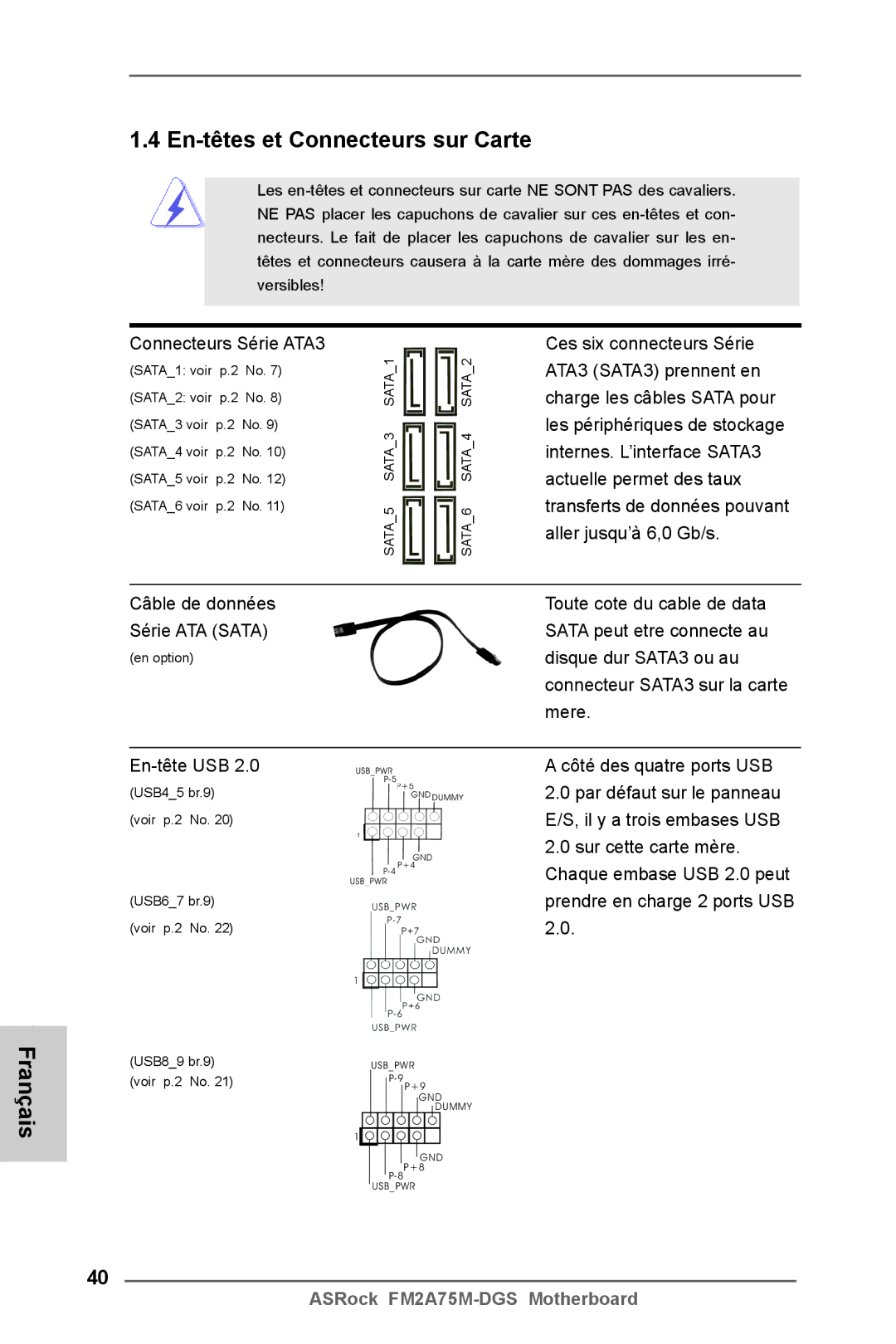 ASRock FM2A75M-DGS manual En-têtes et Connecteurs sur Carte, Connecteurs Série ATA3, En-tête USB 