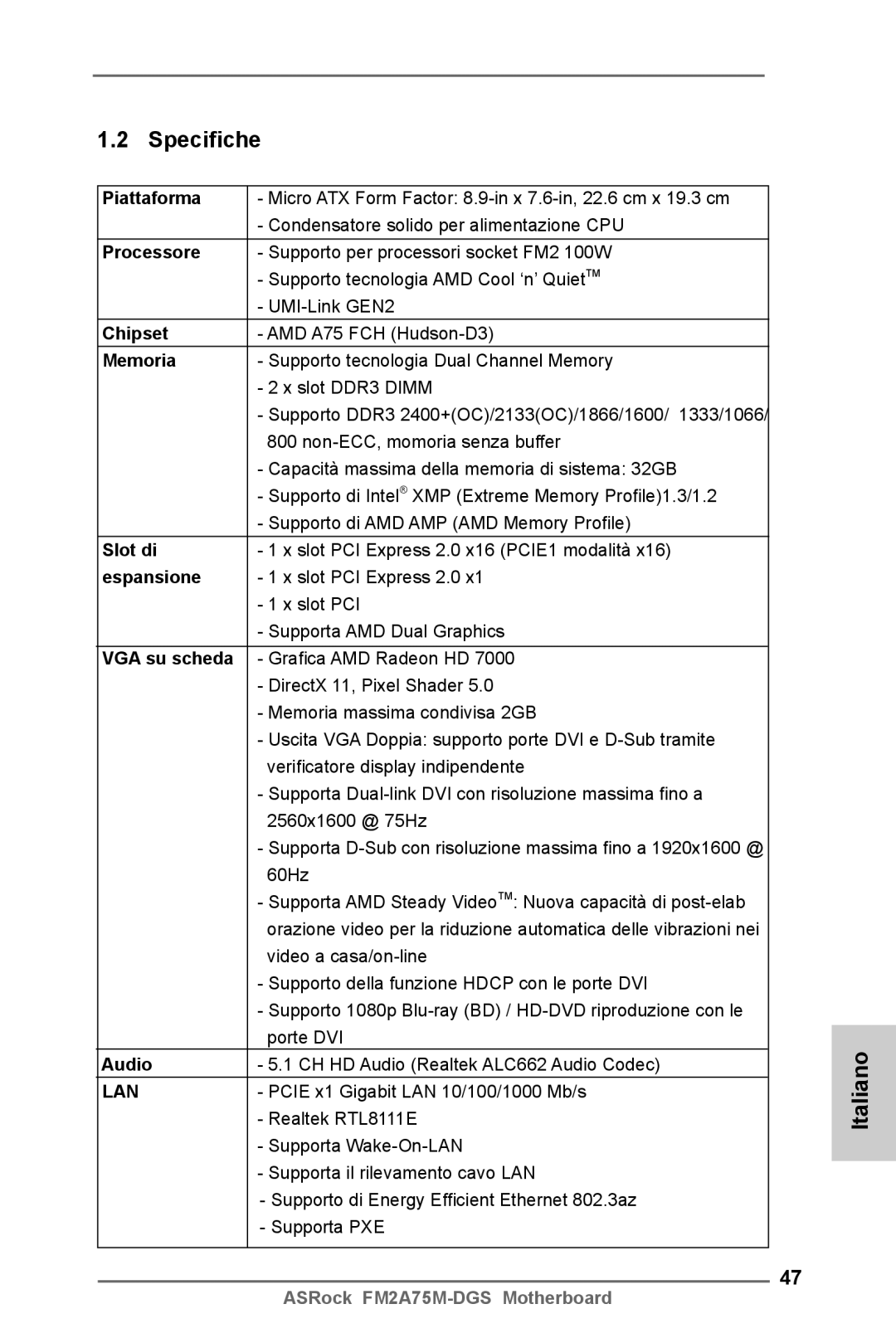 ASRock FM2A75M-DGS manual Specifiche, Piattaforma, Memoria, Slot di, Espansione 