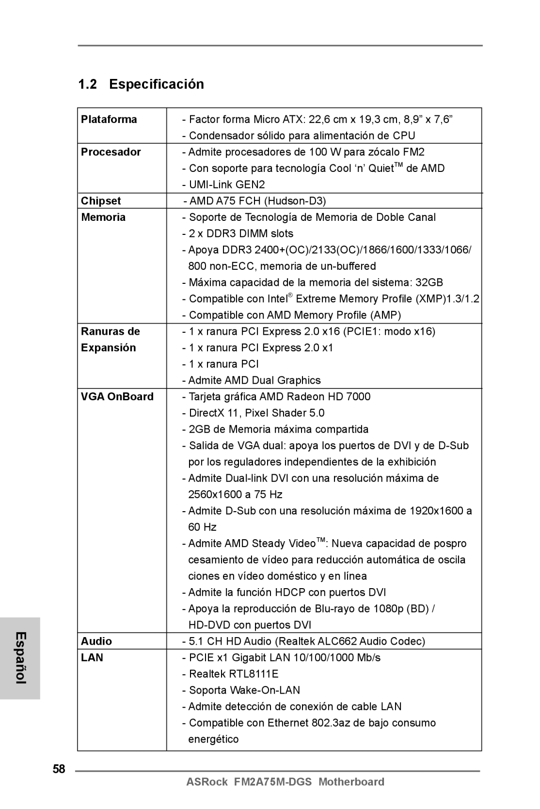 ASRock FM2A75M-DGS manual Español Especificación 