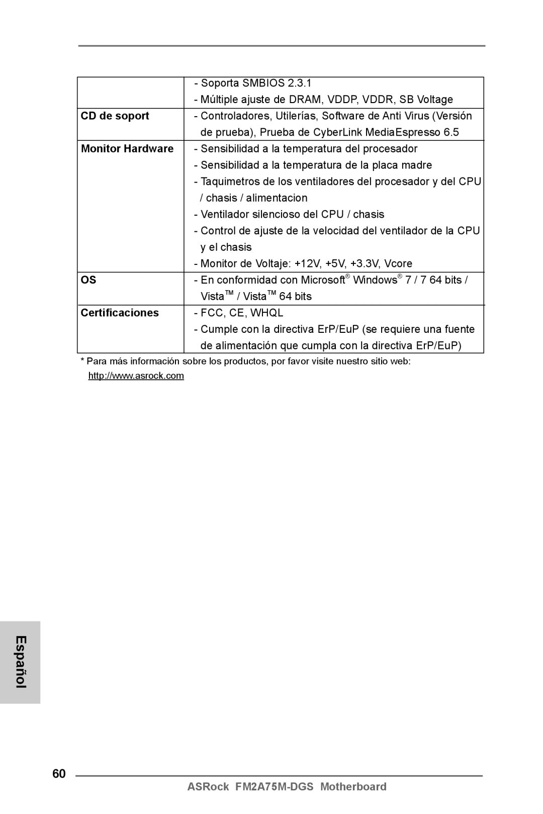 ASRock FM2A75M-DGS manual CD de soport, Monitor Hardware, Certificaciones 