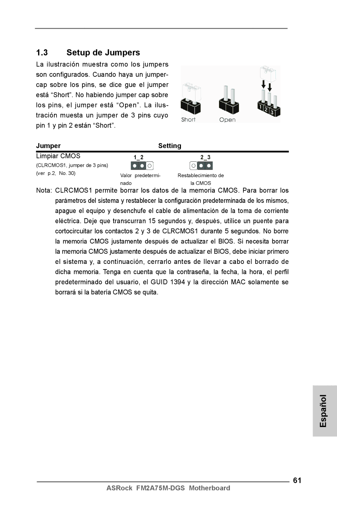 ASRock FM2A75M-DGS manual Setup de Jumpers, Jumper Setting, Limpiar Cmos 