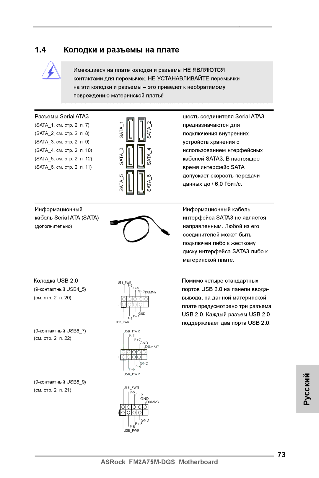 ASRock FM2A75M-DGS manual Колодки и разъемы на плате, Колодка USB 