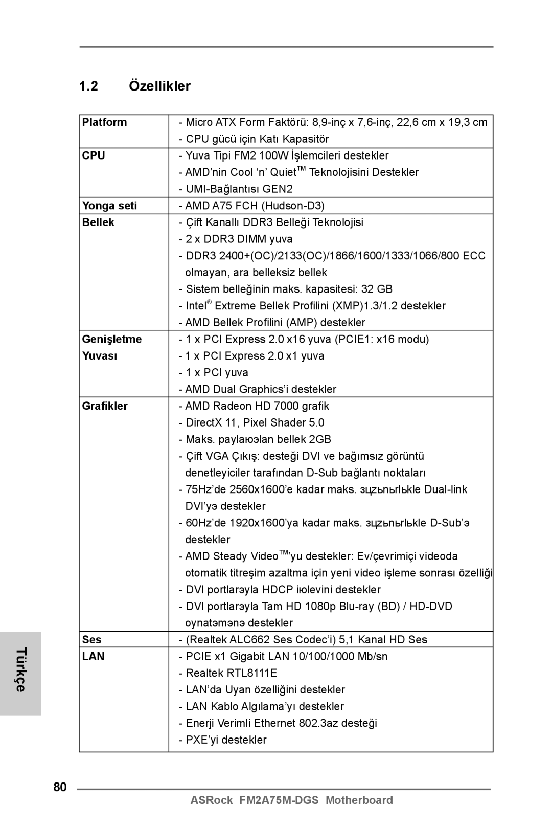 ASRock FM2A75M-DGS manual Özellikler 