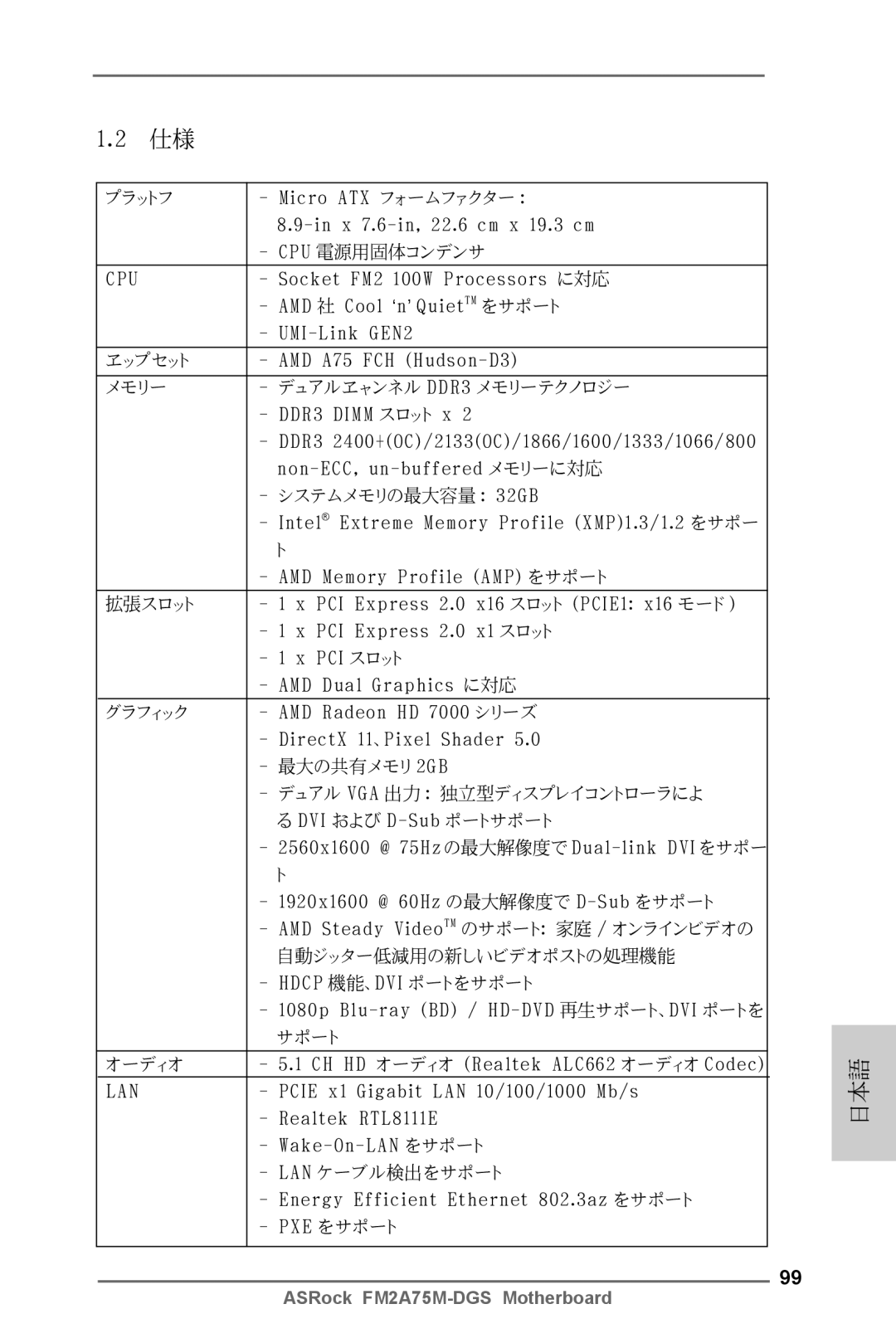 ASRock FM2A75M-DGS Micro ATX フォームファクター, X 7.6-in, 22.6 cm x 19.3 cm, Socket FM2 100W Processors に対応, DDR3 Dimm スロット x 