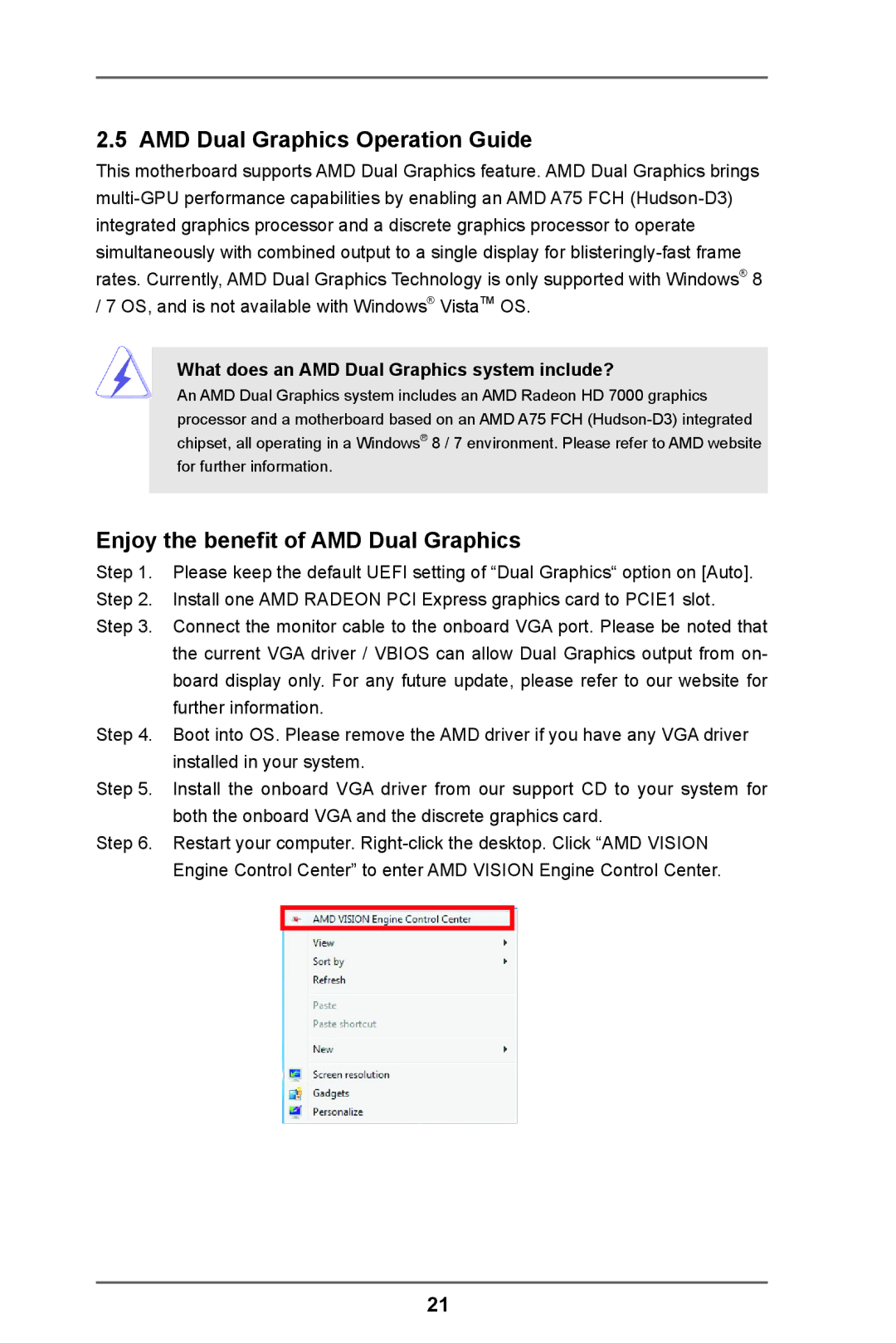 ASRock FM2A75M-ITX R2.0 manual AMD Dual Graphics Operation Guide, Enjoy the benefit of AMD Dual Graphics 