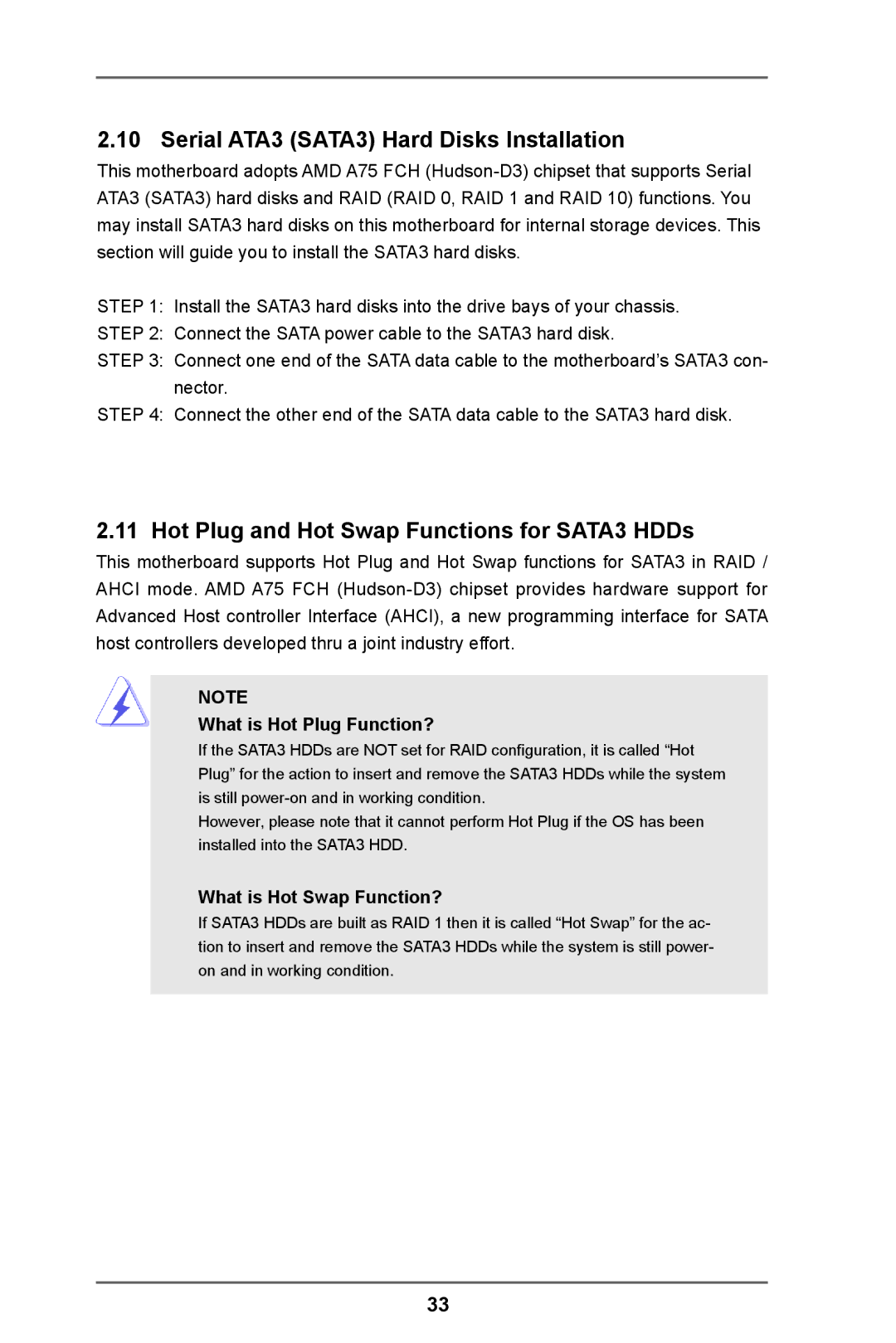 ASRock FM2A75M-ITX R2.0 manual Serial ATA3 SATA3 Hard Disks Installation, Hot Plug and Hot Swap Functions for SATA3 HDDs 